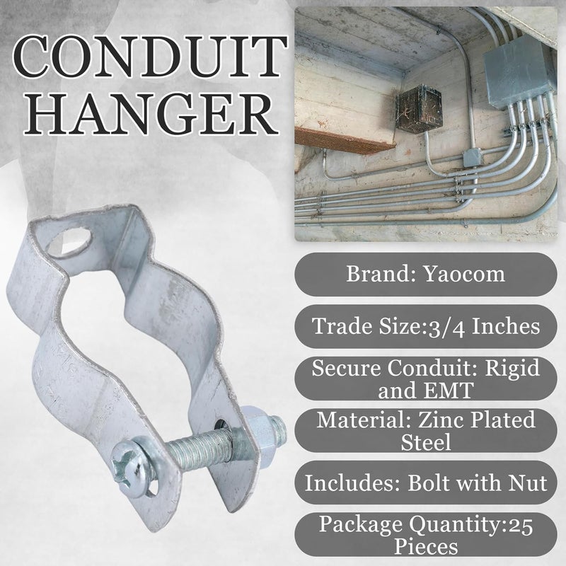 Yaocom 25 Pcs Zinc Plated Steel EMT Conduit Hanger with Bolt Ideal for Rigid and EMT Conduit Mounting to Surfaces, Insulated Supports or Threaded Rods, Furnished with Nut and Bolt (3/ 4 Inch) - Image 2